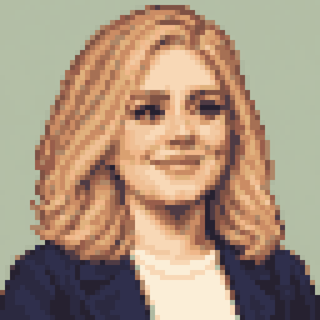 Unofficial AI-generated image of Adele: pixel bust with blonde waves and a navy jacket on sage.