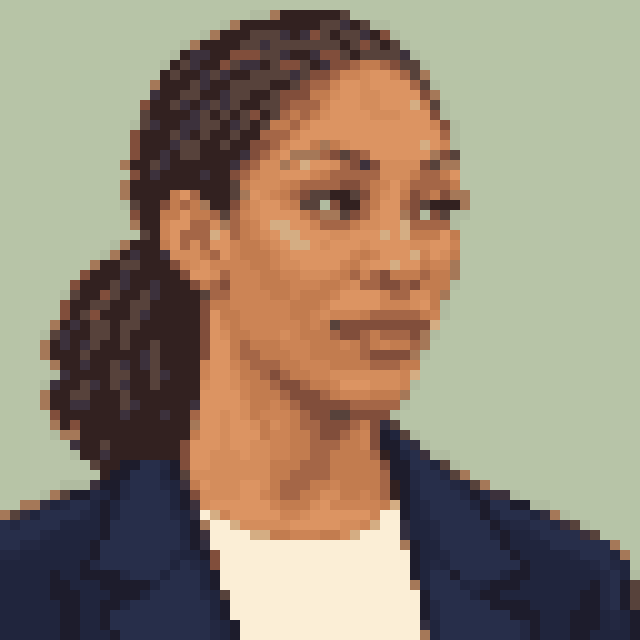 Unofficial AI-generated image of A'ja Wilson: pixel bust with dark hair tied back and a light shirt and a navy jacket on sage.