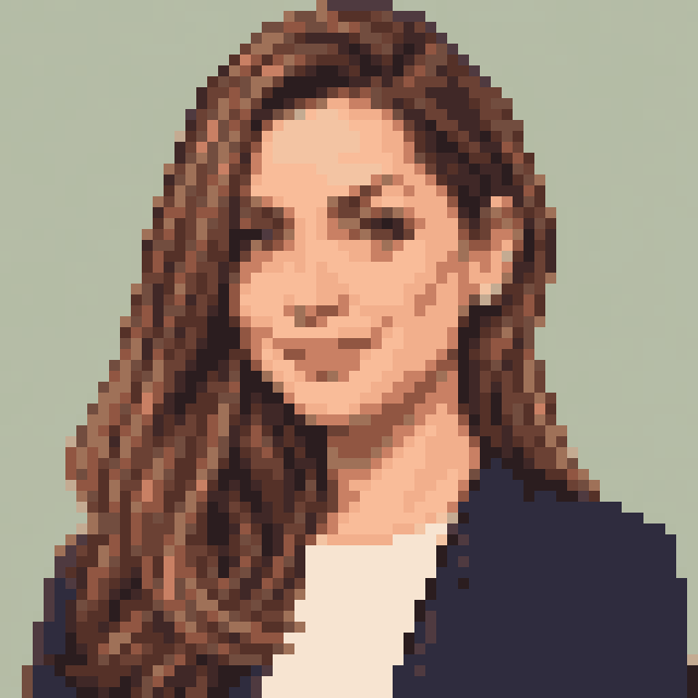 Unofficial AI-generated image of Ana de Armas: pixel bust with long wavy brown hair and a light shirt and a navy jacket on sage.