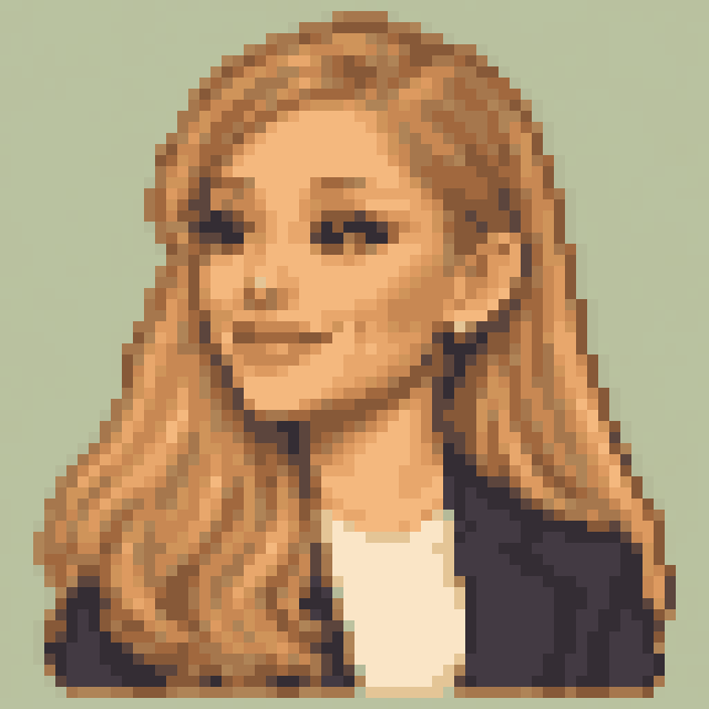 Unofficial AI-generated image of Ariana Grande: pixel bust with long blonde hair and a light shirt and a navy jacket on sage.