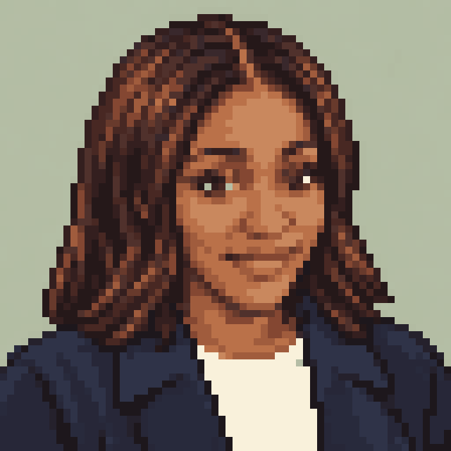 Unofficial AI-generated image of Ayo Edebiri: pixel bust with shoulder-length dark waves and a light shirt and a navy jacket on sage.