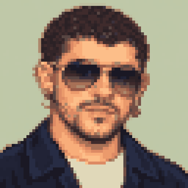 Unofficial AI-generated image of Bad Bunny: pixel bust with dark sunglasses and a beard and a navy jacket on sage.