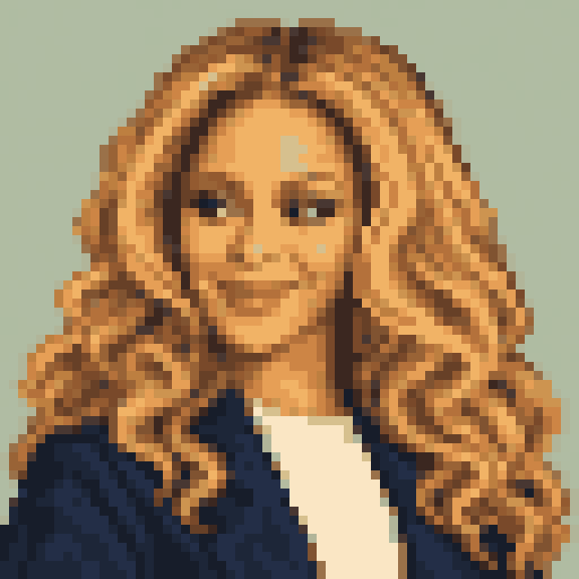 Unofficial AI-generated image of Beyoncé: pixel bust with long blonde waves and a light shirt and a navy jacket on sage.