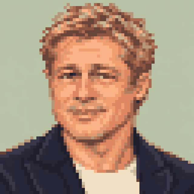 Unofficial AI-generated image of Brad Pitt: pixel bust with short sandy hair and a light shirt and a navy jacket on sage.