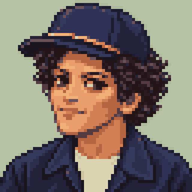 Unofficial AI-generated image of Bruno Mars: pixel bust with curly hair and a navy hat and a navy jacket on sage.