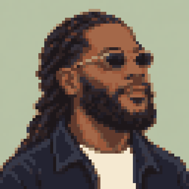 Unofficial AI-generated image of Burna Boy: pixel bust with tinted glasses and a dark beard and a navy jacket on sage.