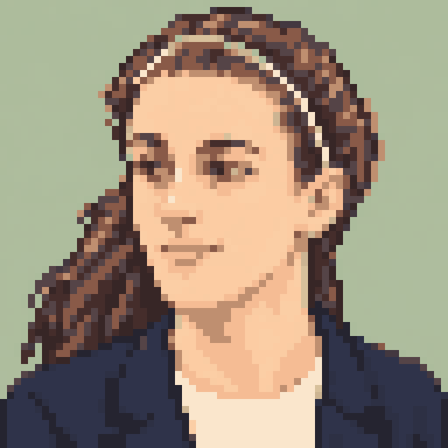 Unofficial AI-generated image of Caitlin Clark: pixel bust with a dark ponytail and a light headband and a navy jacket on sage.