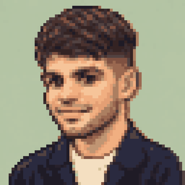 Unofficial AI-generated image of Carlos Alcaraz: pixel bust in a navy jacket on sage.