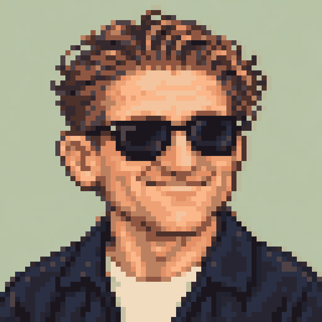 Unofficial AI-generated image of Casey Neistat: pixel bust with dark sunglasses and swept brown hair and a navy jacket on sage.