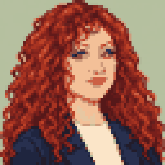 Unofficial AI-generated image of Chappell Roan: pixel bust with long red curls and a light shirt and a navy jacket on sage.