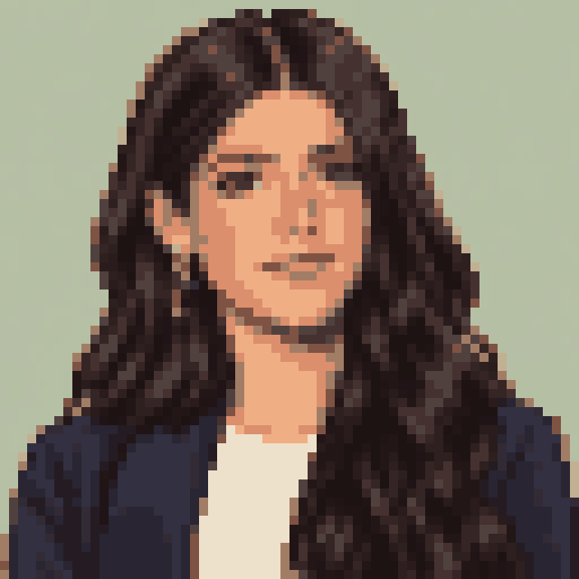 Unofficial AI-generated image of Charli D'Amelio: pixel bust with long dark waves and a light shirt and a navy jacket on sage.