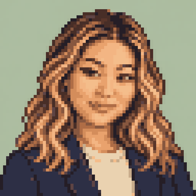 Unofficial AI-generated image of Chloe Kim: pixel bust with long highlighted waves and a necklace and a navy jacket on sage.