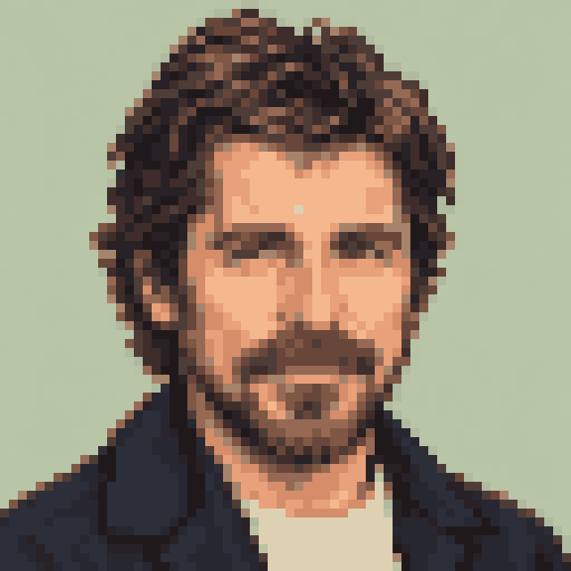 Unofficial AI-generated image of Christian Bale: pixel bust in a navy jacket on sage.