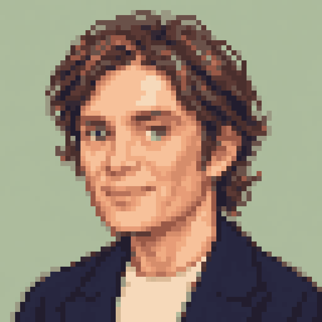 Unofficial AI-generated image of Cillian Murphy: pixel bust with parted brown hair and a light shirt and a navy jacket on sage.