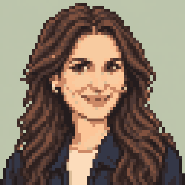 Unofficial AI-generated image of Cleo Abram: pixel bust with long brown waves and a light shirt and a navy jacket on sage.
