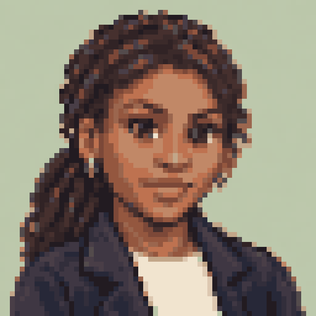 Unofficial AI-generated image of Coco Gauff: pixel bust in a navy jacket on sage.