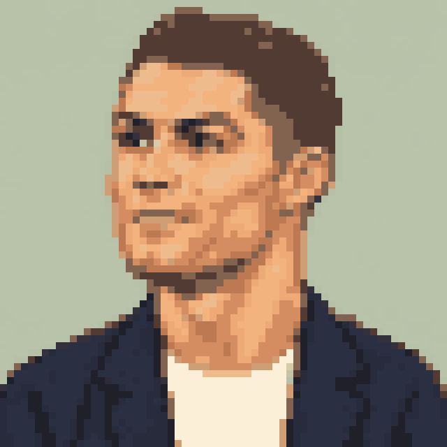 Unofficial AI-generated image of Cristiano Ronaldo: pixel bust with short brown hair and a light shirt and a navy jacket on sage.