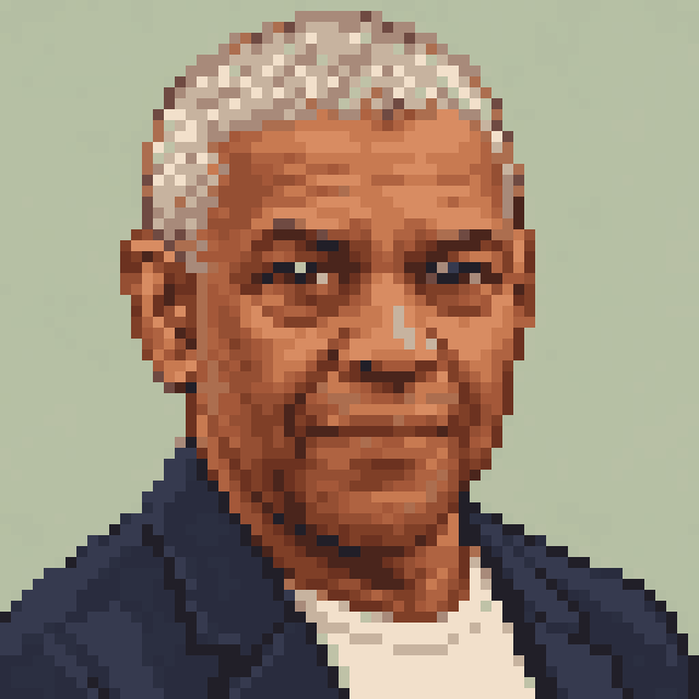 Unofficial AI-generated image of Denzel Washington: pixel bust with short grey hair and a light shirt and a navy jacket on sage.