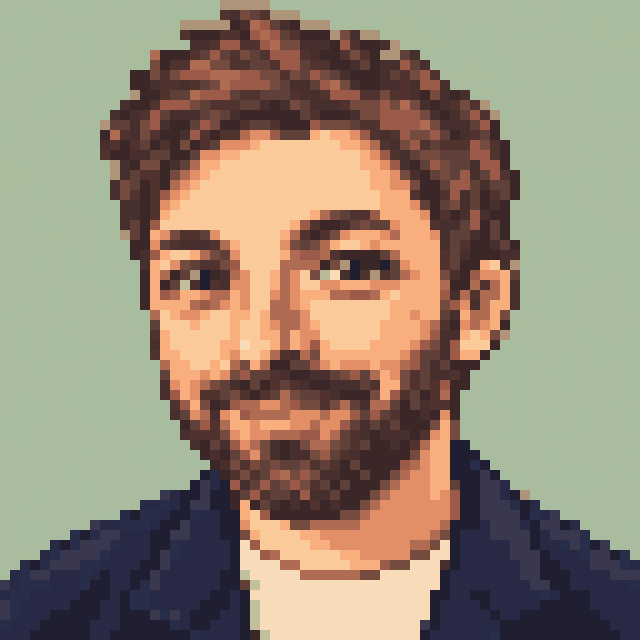 Unofficial AI-generated image of Derek Muller: pixel bust with swept brown hair and a beard and a navy jacket on sage.