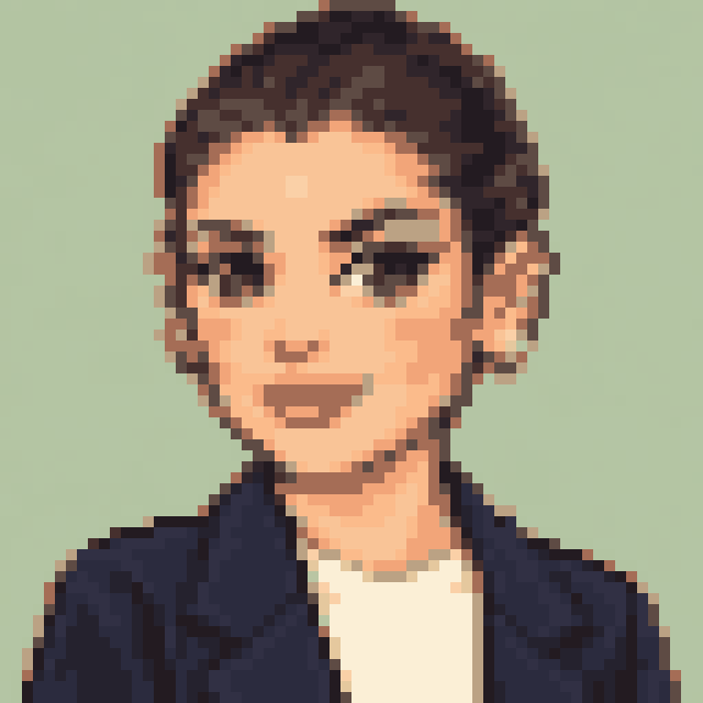 Unofficial AI-generated image of Dua Lipa: pixel bust with dark hair in an updo and hoop earrings and a navy jacket on sage.