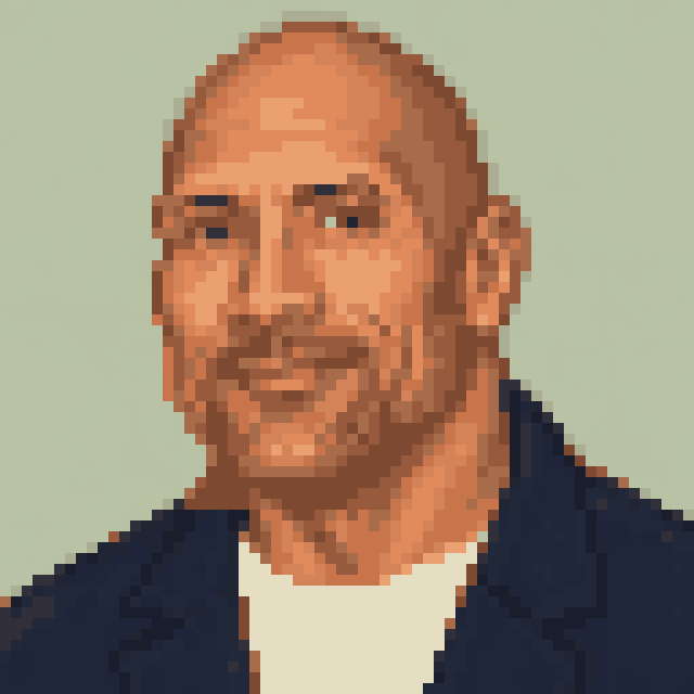 Unofficial AI-generated image of Dwayne Johnson: pixel bust with a bald head and a light shirt and a navy jacket on sage.
