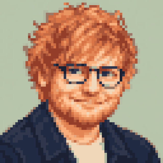 Unofficial AI-generated image of Ed Sheeran: pixel bust with red hair, glasses and a navy jacket on sage.
