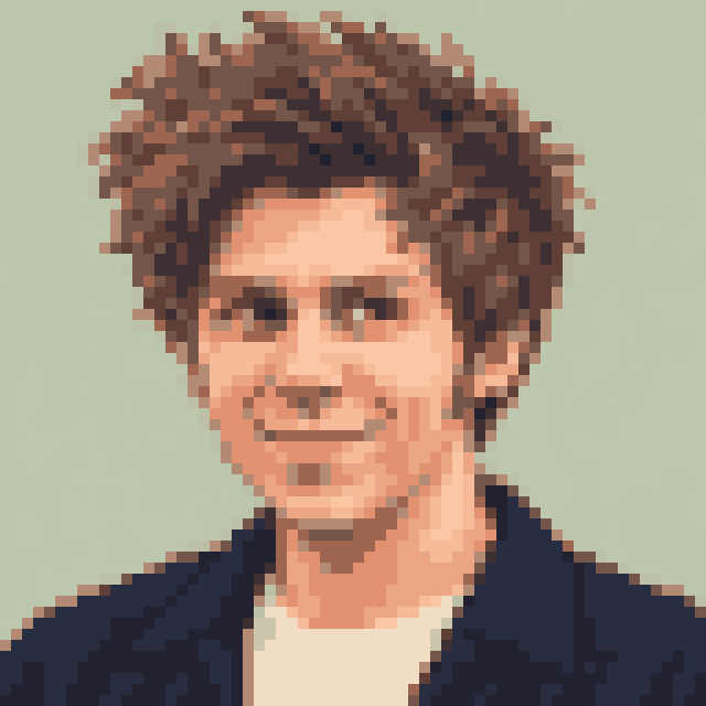 Unofficial AI-generated image of El Rubius: pixel bust with tousled brown hair and a light shirt and a navy jacket on sage.