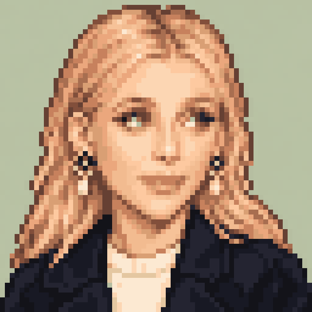 Unofficial AI-generated image of Emma Chamberlain: pixel bust with long blonde hair and dark earrings and a navy jacket on sage.