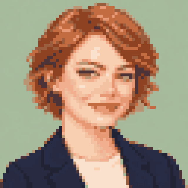 Unofficial AI-generated image of Emma Stone: pixel bust with a red bob and a light shirt and a navy jacket on sage.