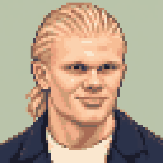 Unofficial AI-generated image of Erling Haaland: pixel bust with blonde hair tied back and a light shirt and a navy jacket on sage.