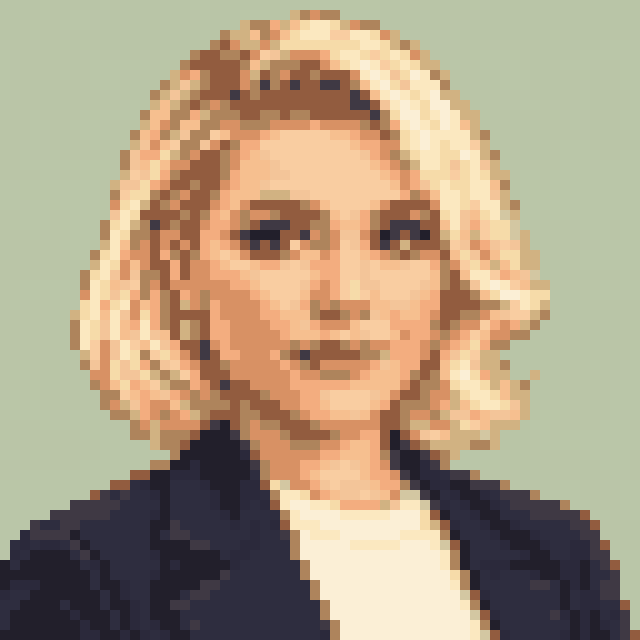 Unofficial AI-generated image of Florence Pugh: pixel bust with a blonde bob and a light shirt and a navy jacket on sage.
