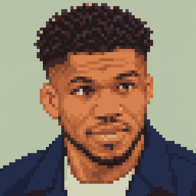 Unofficial AI-generated image of Giannis Antetokounmpo: pixel bust with short dark curls and a beard and a navy jacket on sage.