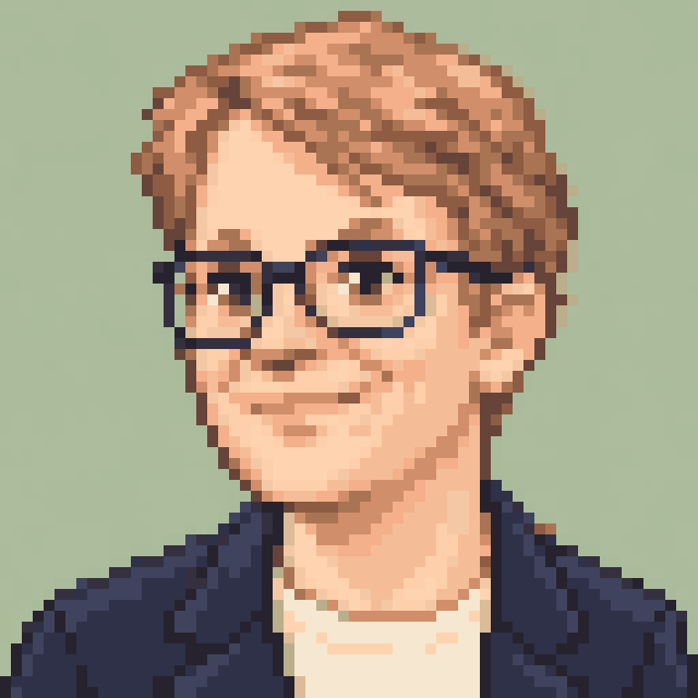 Unofficial AI-generated image of Hank Green: pixel bust with side-parted hair, glasses and a navy jacket on sage.