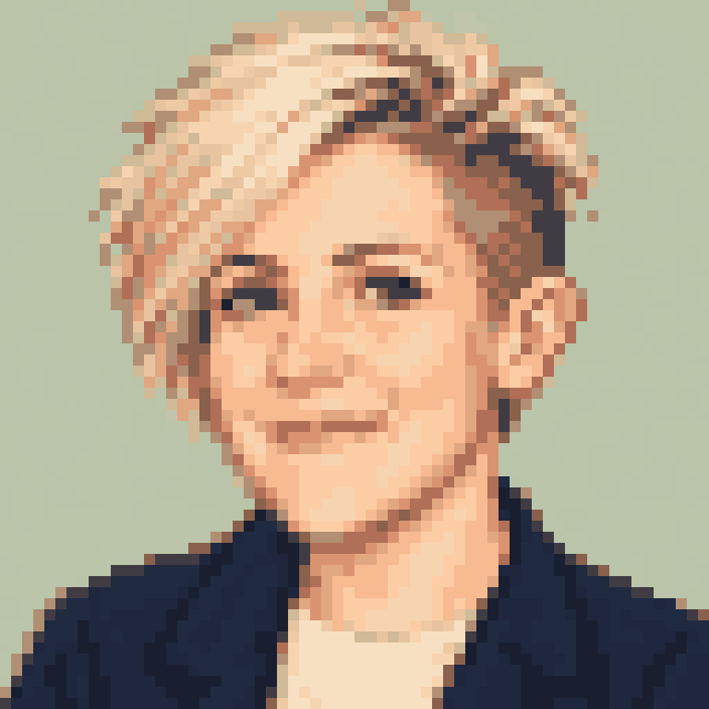 Unofficial AI-generated image of Hannah Hart: pixel bust with short swept blonde hair and a light shirt and a navy jacket on sage.
