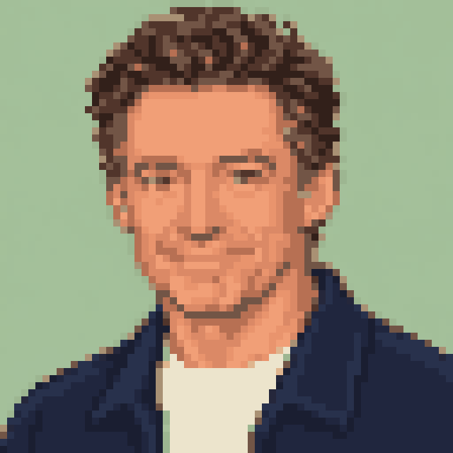 Unofficial AI-generated image of Hugh Jackman: pixel bust with swept brown hair and a light shirt and a navy jacket on sage.