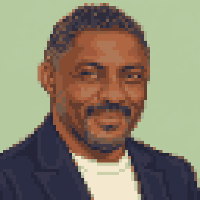 Unofficial AI-generated image of Idris Elba: pixel bust with short dark hair and a grey beard and a navy jacket on sage.