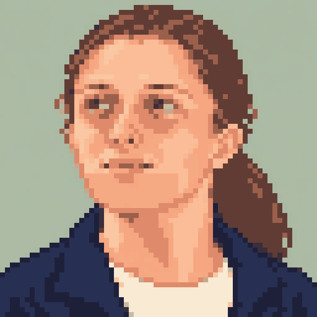 Unofficial AI-generated image of Iga Swiatek: pixel bust with brown hair tied back and a light shirt and a navy jacket on sage.