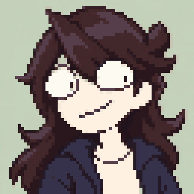 Unofficial AI-generated image of Jaiden Animations: pixel bust with swept dark hair and white oval eyes and a navy jacket on sage.