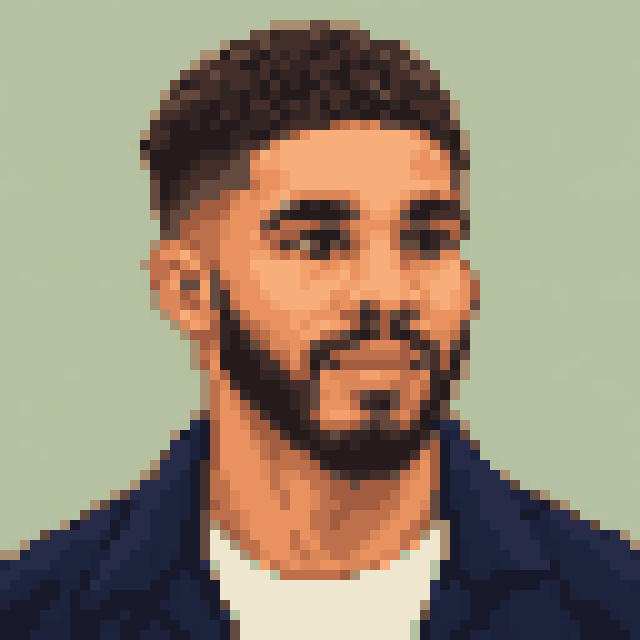 Unofficial AI-generated image of Jayson Tatum: pixel bust with short dark curls and a full beard and a navy jacket on sage.