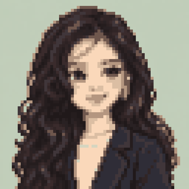 Unofficial AI-generated image of Jennie: pixel bust in a navy jacket on sage.