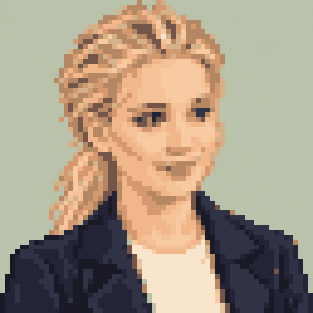 Unofficial AI-generated image of Jennifer Lawrence: pixel bust with a blonde ponytail and a necklace and a navy jacket on sage.