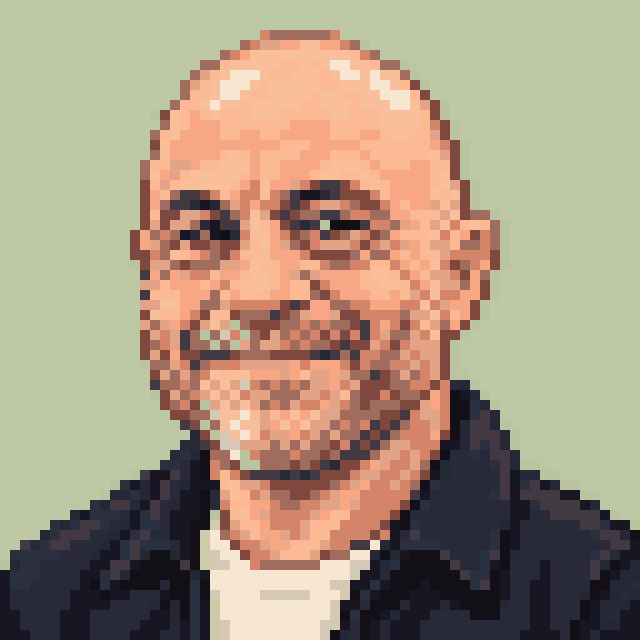 Unofficial AI-generated image of Joe Rogan: pixel bust in a navy jacket on sage.