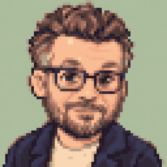 Unofficial AI-generated image of John Green: pixel bust with dark glasses and a beard and a navy jacket on sage.