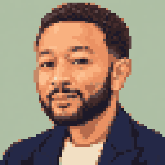 Unofficial AI-generated image of John Legend: pixel bust with short dark hair and a beard and a navy jacket on sage.