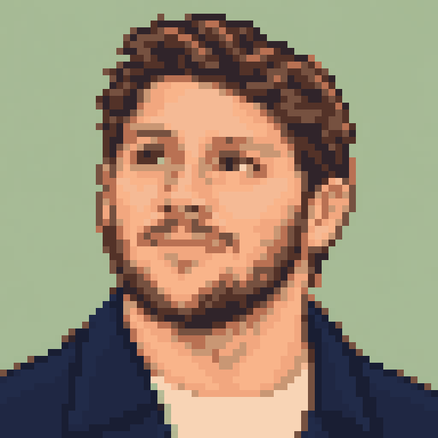 Unofficial AI-generated image of Josh Allen: pixel bust with short brown curls and a trimmed beard and a navy jacket on sage.