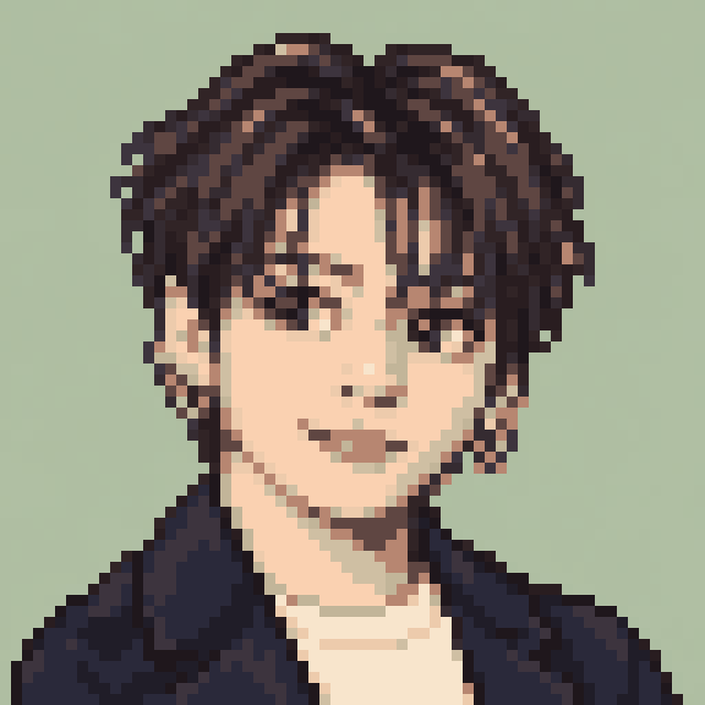 Unofficial AI-generated image of Jung Kook: pixel bust in a navy jacket on sage.