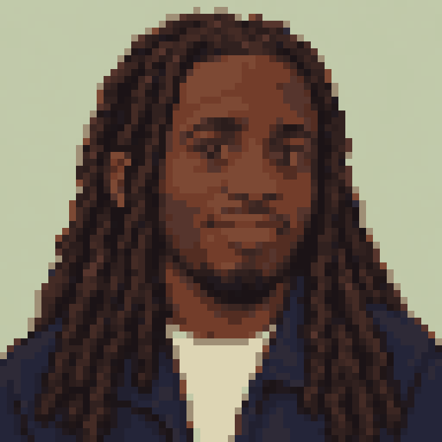 Unofficial AI-generated image of Kai Cenat: pixel bust with long dark locs and a short beard and a navy jacket on sage.