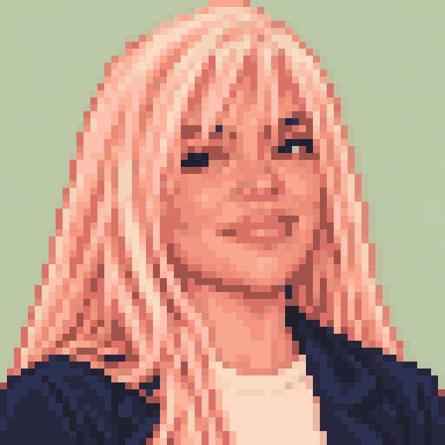 Unofficial AI-generated image of Karol G: pixel bust with long pink hair and bangs and a navy jacket on sage.
