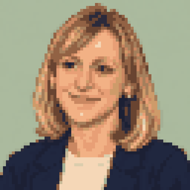 Unofficial AI-generated image of Katie Ledecky: pixel bust with shoulder-length sandy hair and a light shirt and a navy jacket on sage.