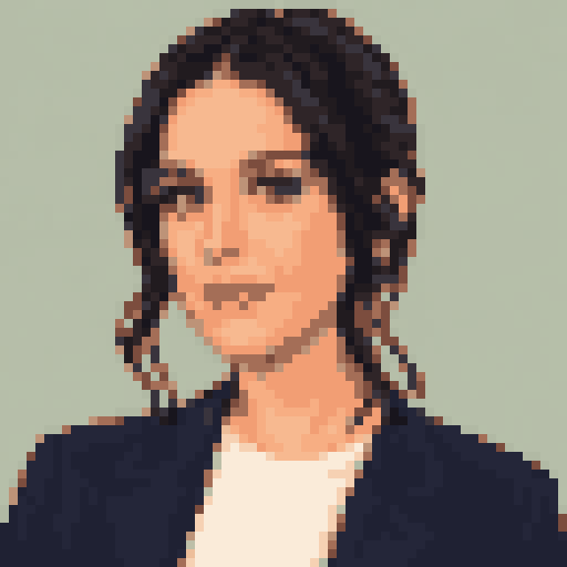 Unofficial AI-generated image of Katy Perry: pixel bust with short dark hair and dangling earrings and a navy jacket on sage.